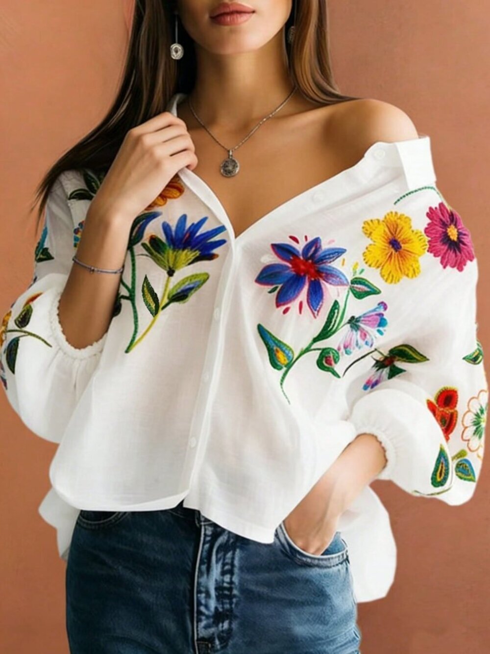White Boho Women's Casual Multifunctional Minimalist Floral Digital Print Shirt - Picture 2 of 4
